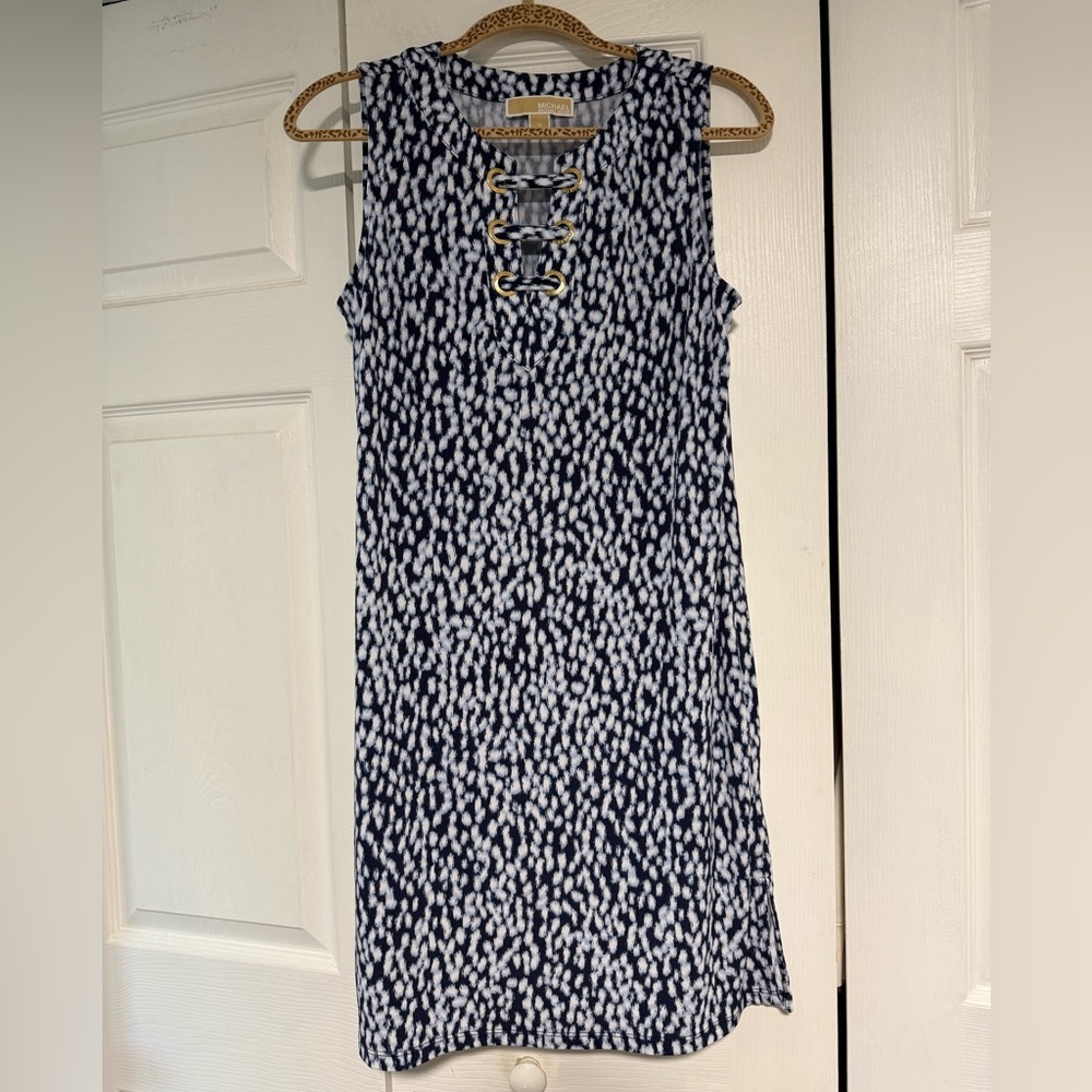 Michael Kors Navy and White Lace-Up Midi Dress